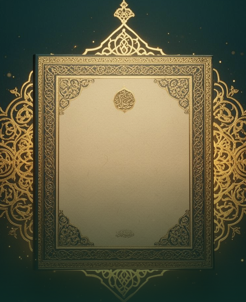 Geometric arabesque illuminated in emerald and gold on white